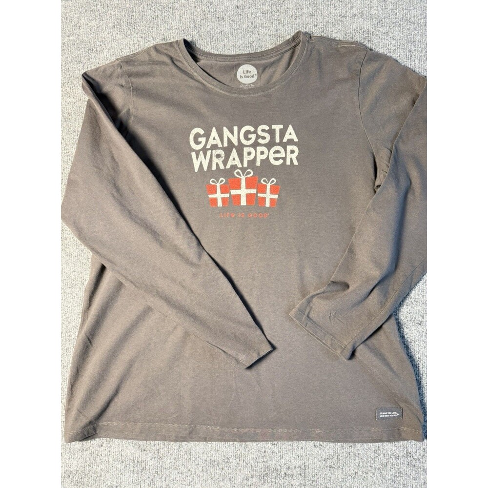 Life is Good Womens XL Gangsta Wrapper Christmas T Shirt Holiday Charcoal Gray